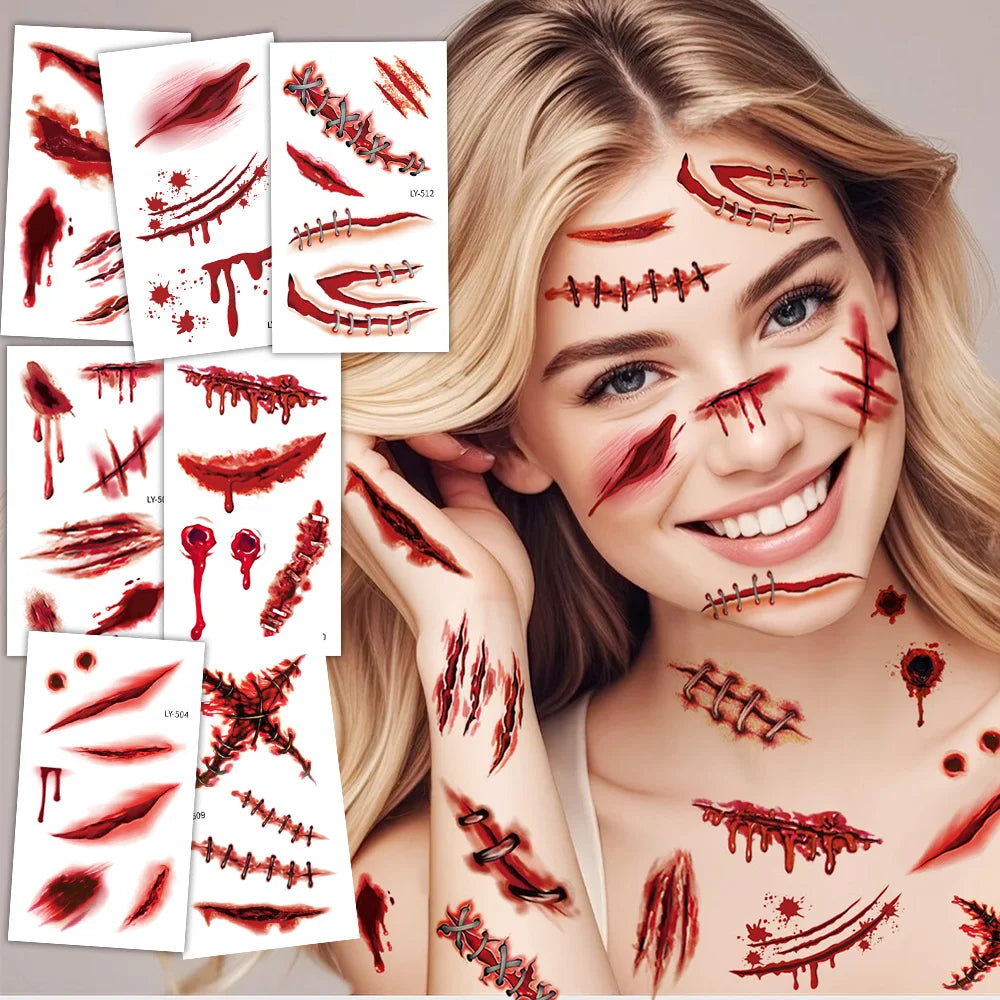 Tatuajes Temporales 3D de Cicatrices y heridas para Halloween - 12 Hojas,