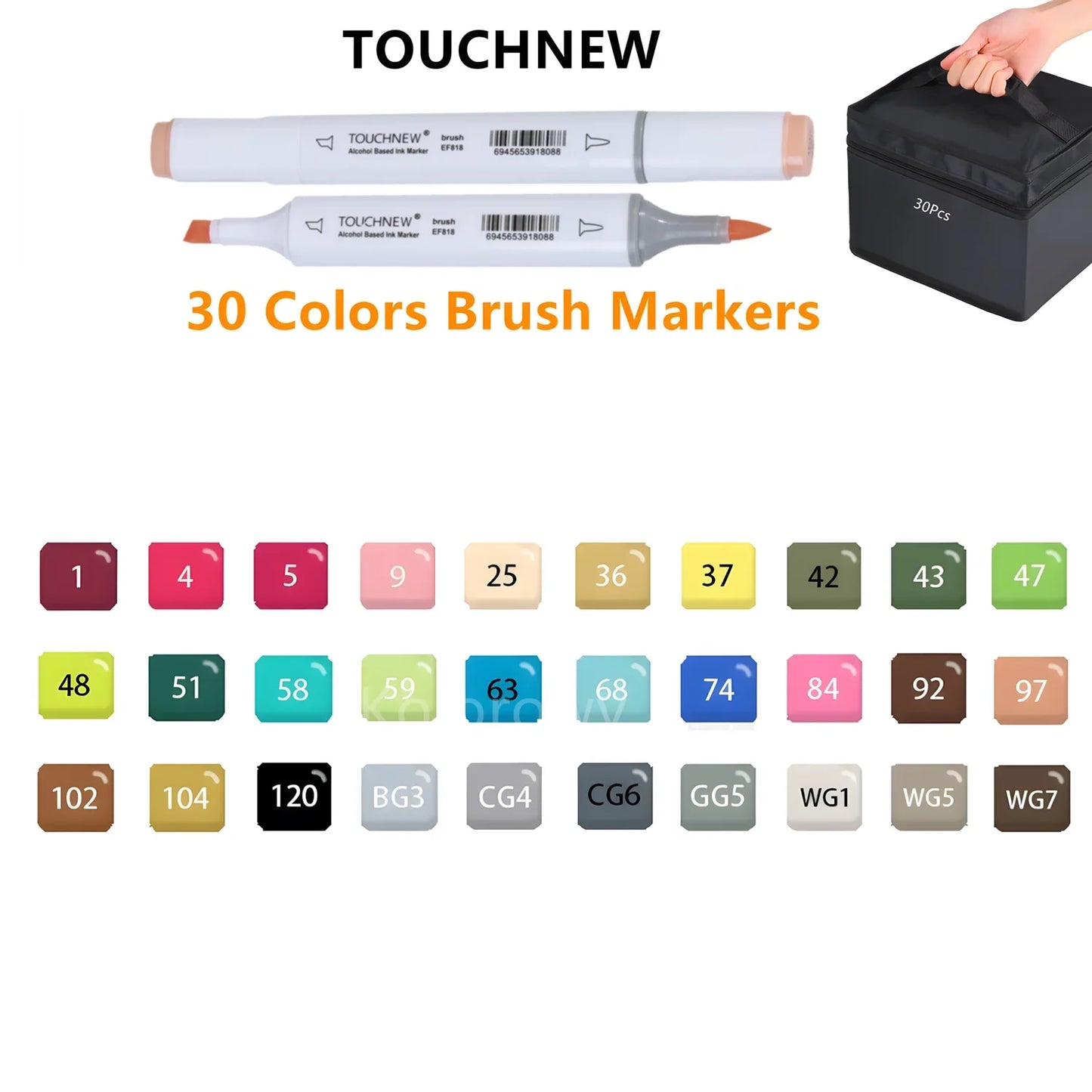 Rotuladores de doble punta suave, TOUCHNEW 30/60/80 colores con punta pincel y cincel para artistas adultos