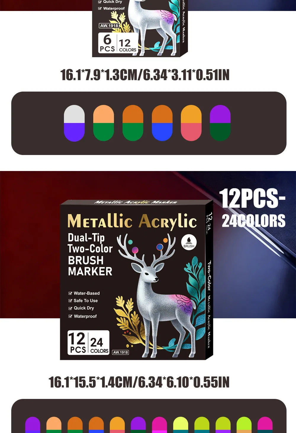 Rotulador acrílico con tinta a base de agua, disponible en 6, 12 y 24 colores, con doble punta