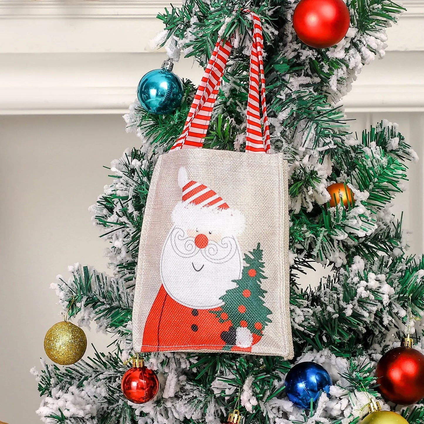 Bolsas de Navidad con estampado de muñeco de nieve y Papá Noel, de yute natural para regalo