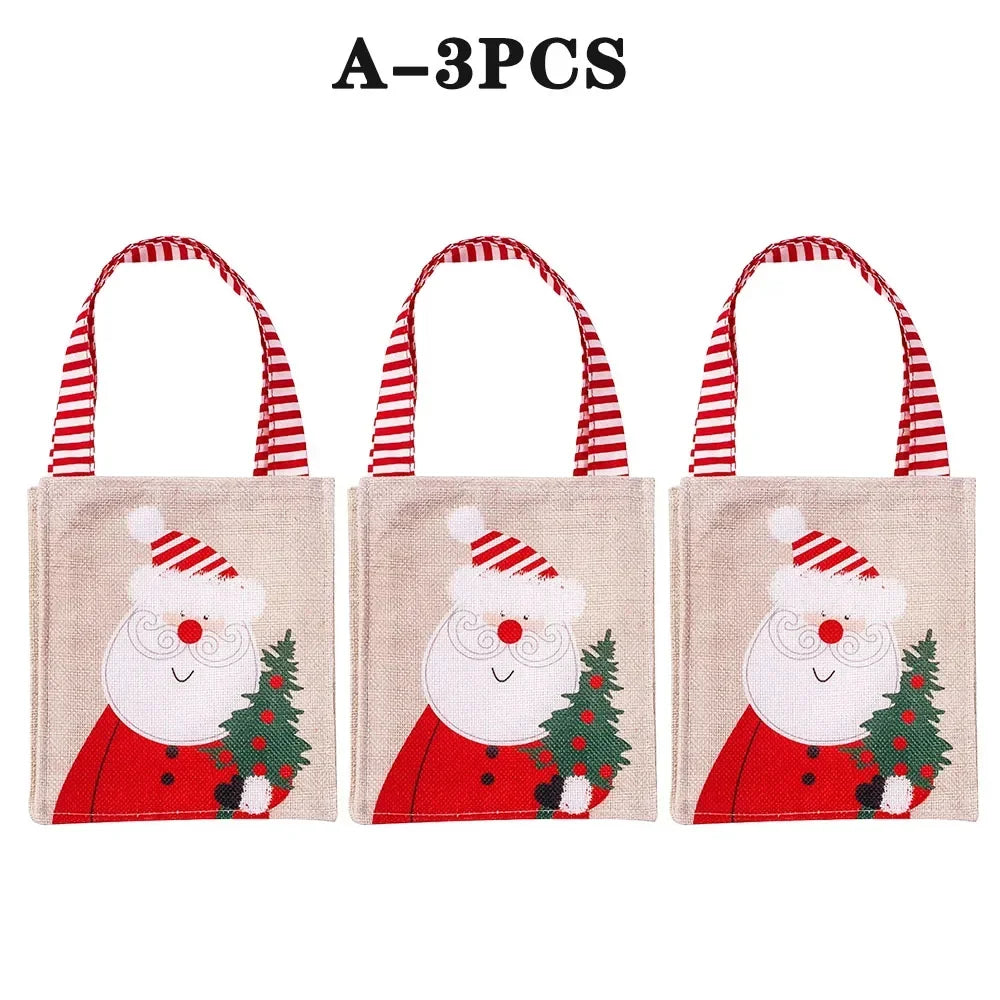 Bolsas de Navidad con estampado de muñeco de nieve y Papá Noel, de yute natural para regalo