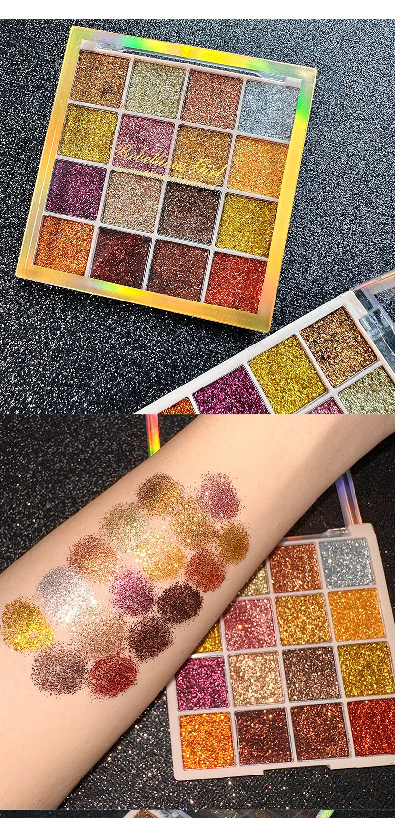 Paleta de sombra de ojos con purpurina de 16 colores, brillo multicolor, acabado de lentejuelas brillantes, maquillaje facial corporal, maquillaje para fiesta y escenario