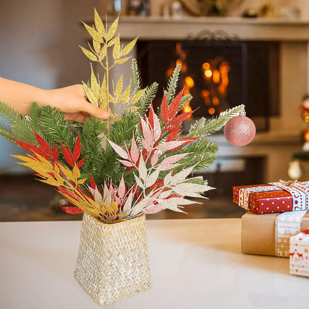 Plantas artificiales con purpurina en polvo dorado, adorno de hojas y flores de bambú para Navidad 1 a 10 unids.