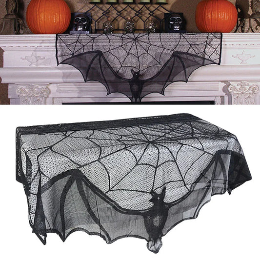 Camino de mesa de murciélago de Halloween, tela de araña negra, mantel de encaje, cortina para chimenea para fiesta de Halloween.