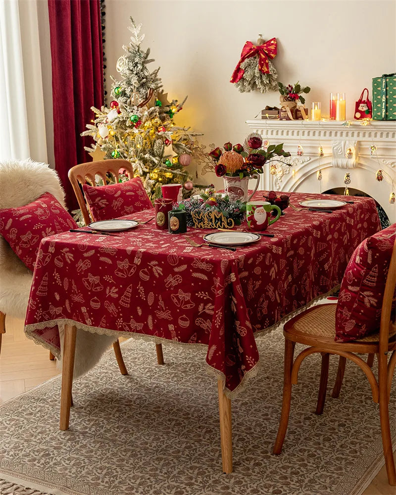 Mantel rojo navideño,  Jacquard, encaje dorado