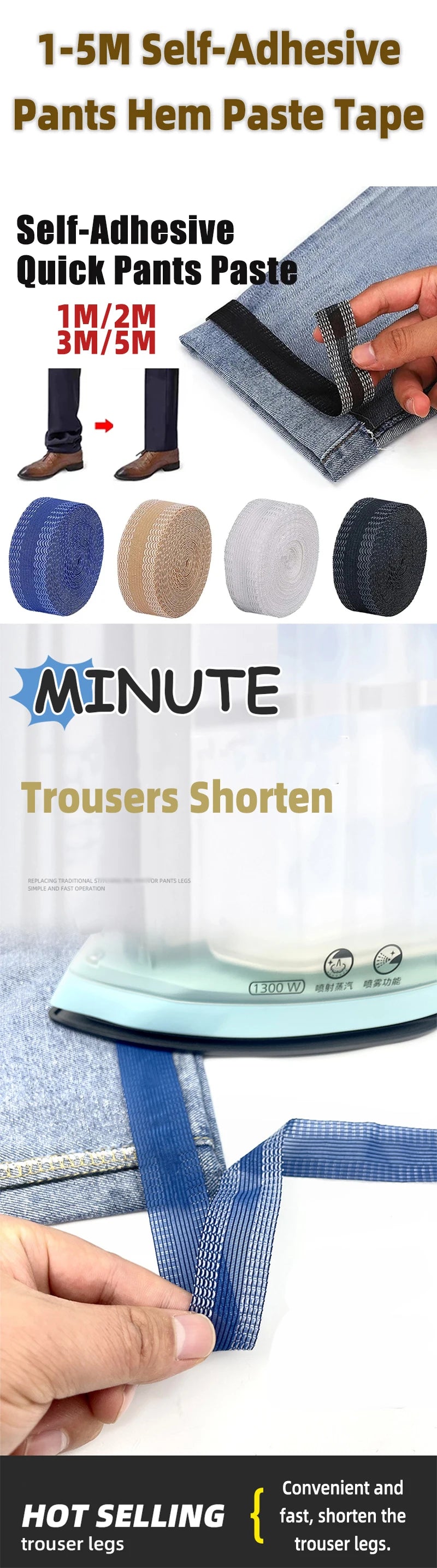 Cinta autoadhesiva para dobladillo de pantalones, 1M-5M, planchado en el borde de los pantalones, lavable, fácil de usar