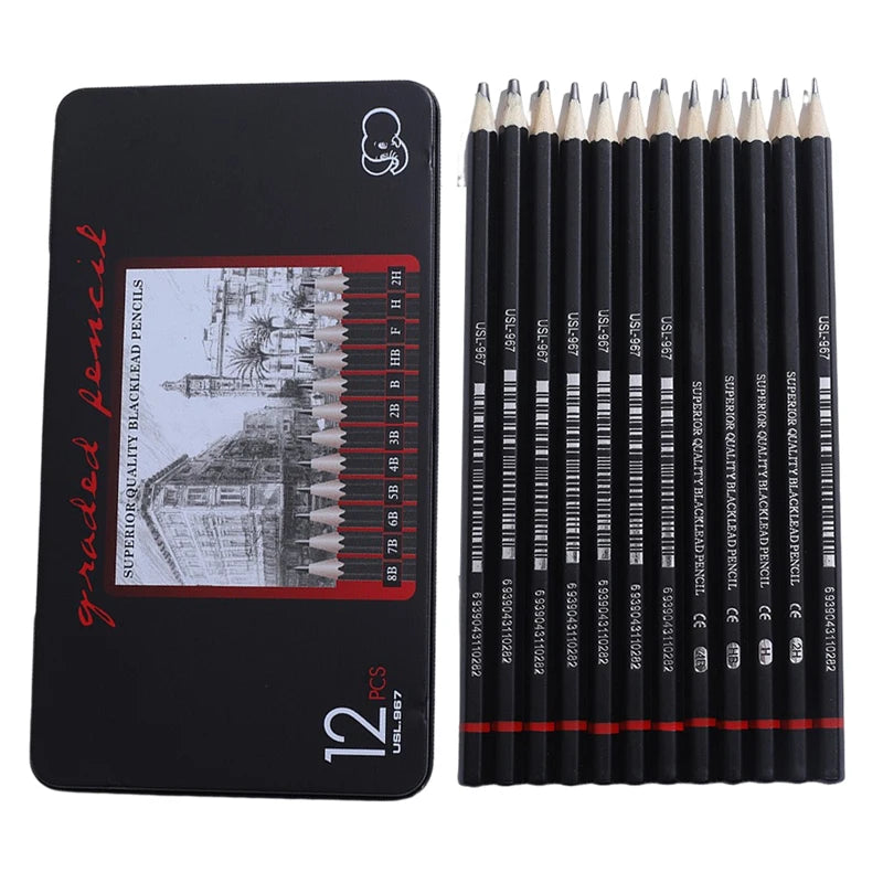 12 unids/set lápiz grafito de dibujo desde 2H a 8B, caja de Metal