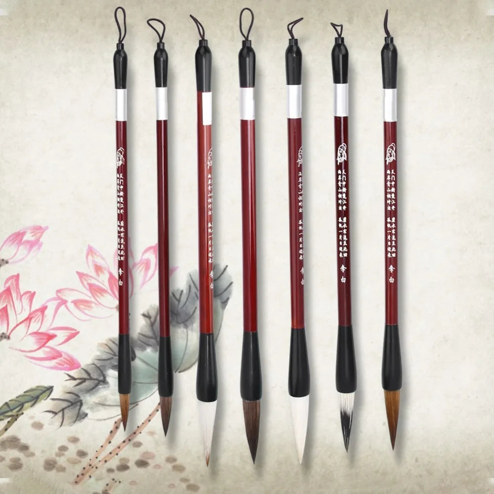 Juego de 7 pinceles de naylon para caligrafía y pintura china, mango de madera, varios tamaños