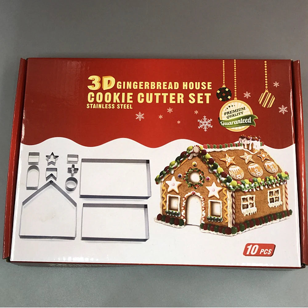 Cortador de galletas navideño 3D, juego de cortadores de galletas de casa de jengibre de 10 piezas