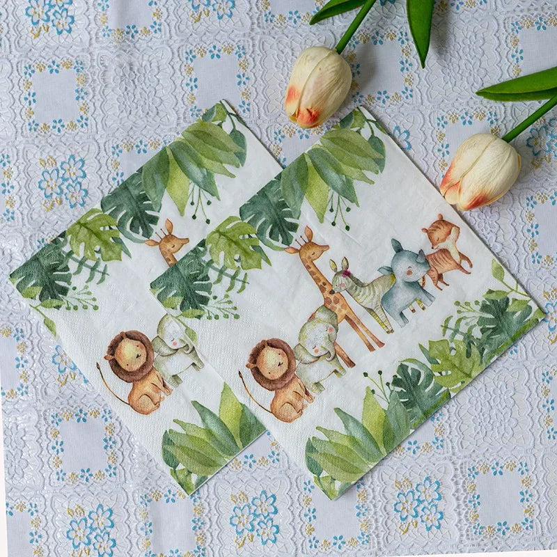 20 unids/pack de servilletas de papel con estampado de animales de dibujos animados, fiestas y decoupage
