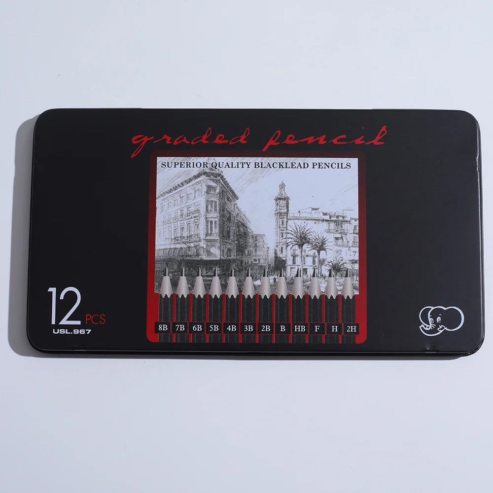 12 unids/set lápiz grafito de dibujo desde 2H a 8B, caja de Metal