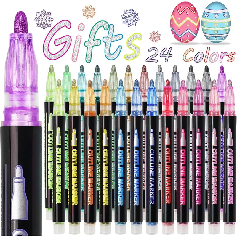 Rotuladores brillantes, bolígrafos de contorno para dibujar y escribir con purpurina 12/24