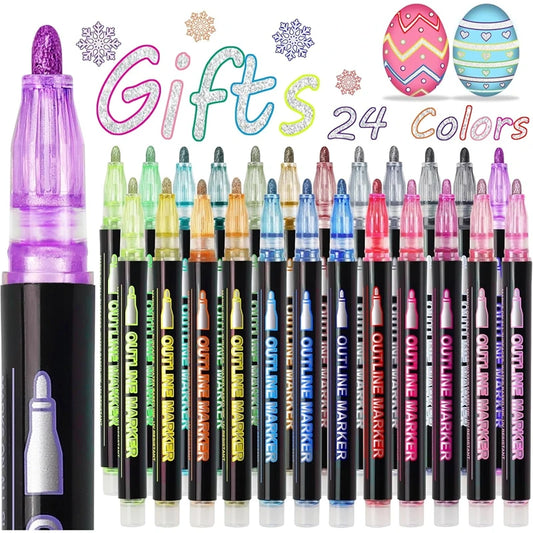 Rotuladores brillantes, bolígrafos de contorno para dibujar y escribir con purpurina 12/24