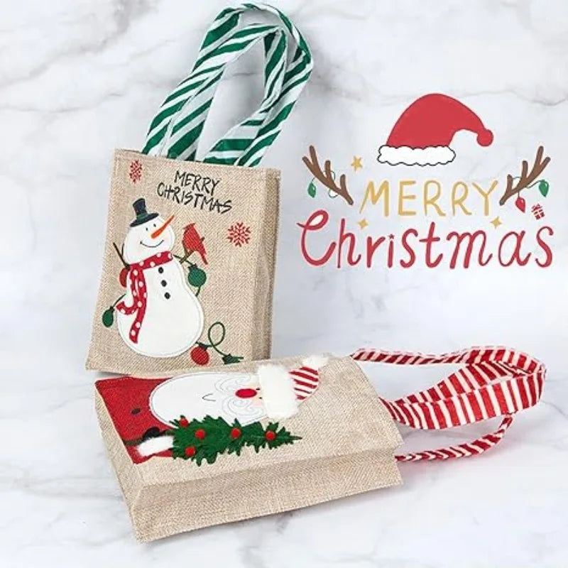 Bolsas de arpillera de Navidad con diseño de Papá Noel y muñeco de nieve, 1-10 Uds.