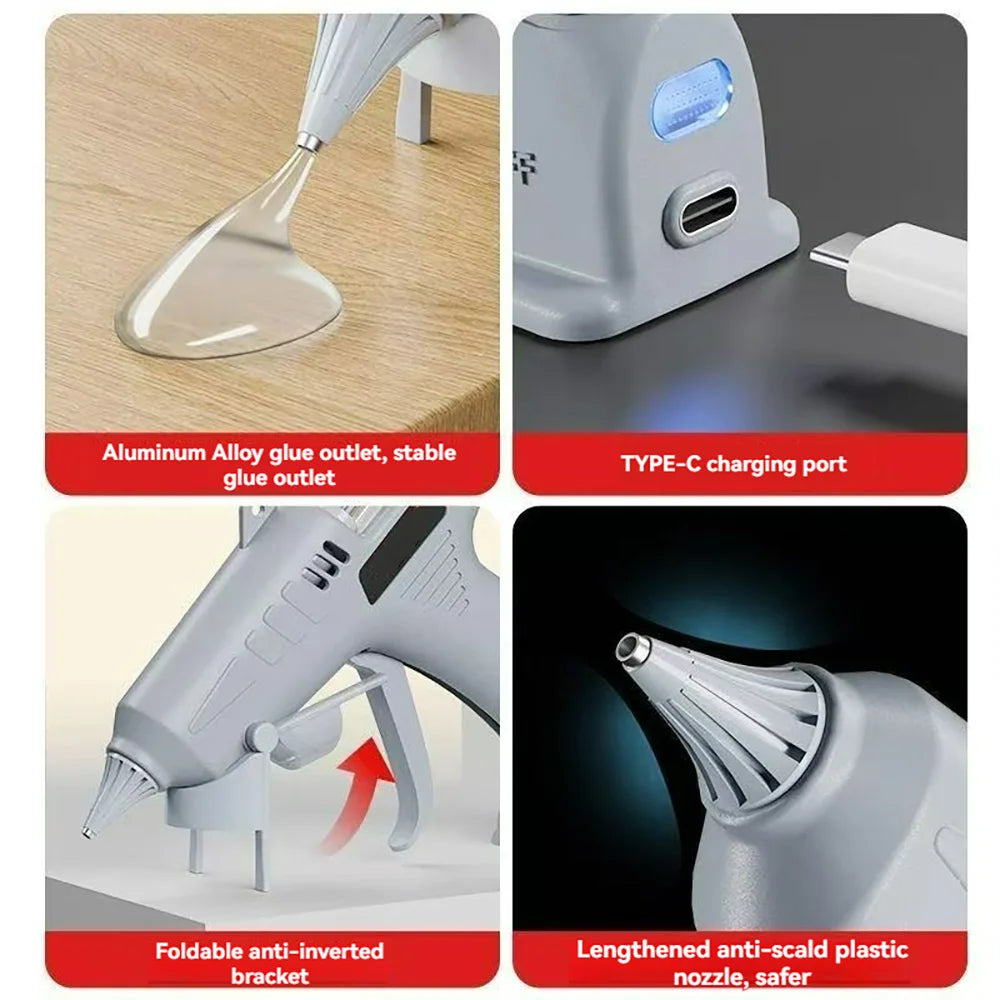 Pistola de pegamento termofusible inalámbrica, 3,7 V, 1800mAh, carga USB, utiliza barras de pegamento de 7mm, antifugas y antiescaldaduras