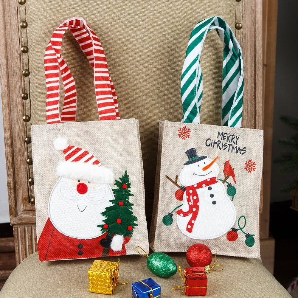 Bolsas de arpillera de Navidad con diseño de Papá Noel y muñeco de nieve, 1-10 Uds.