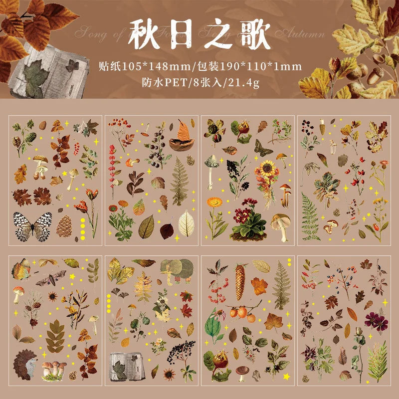 8 páginas, Vintage de otoño, impermeables, pegatinas en bolsa