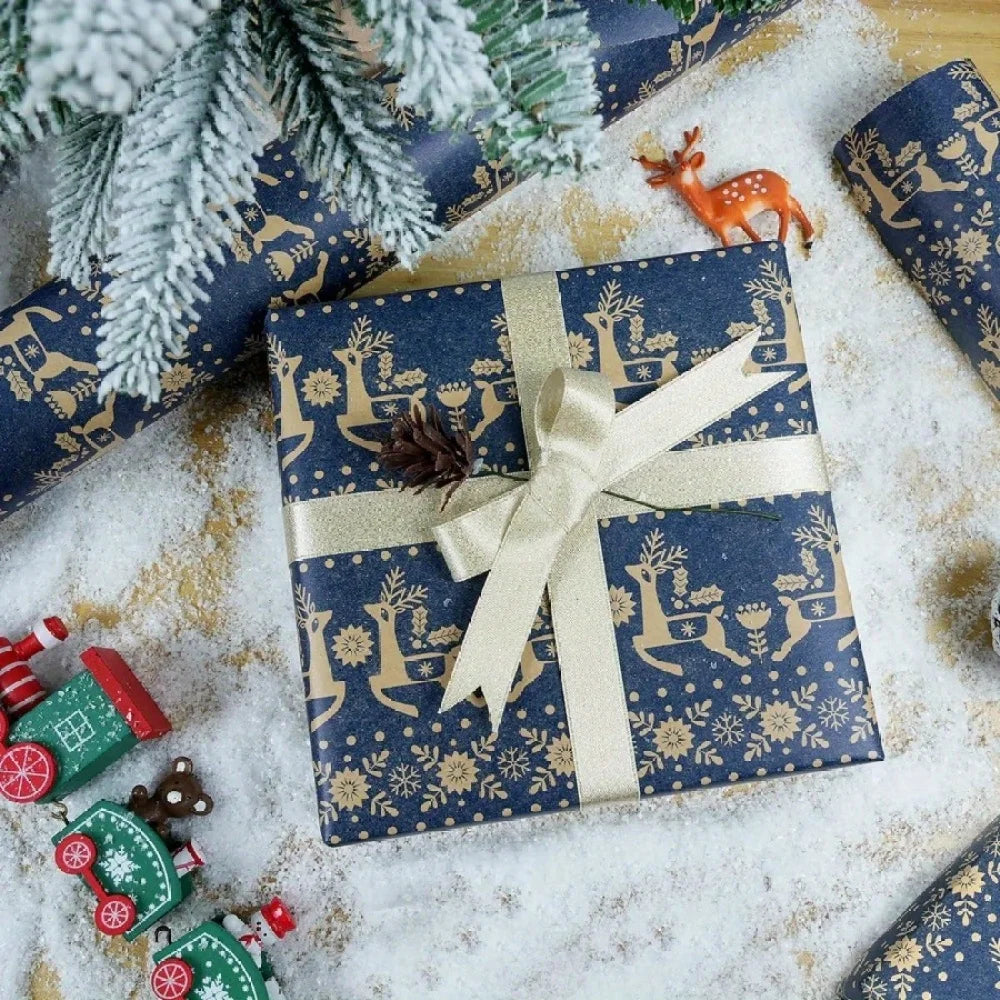 Rollo de papel de regalo navideño, copo de nieve, diseño de renos