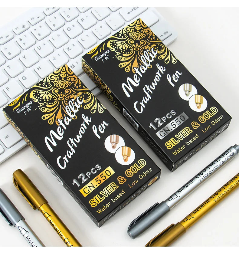 Bolígrafos de pintura acrílica permanente plateada/dorada, para pintura en variadas superficies, de punta suave/dura de 1-5MM