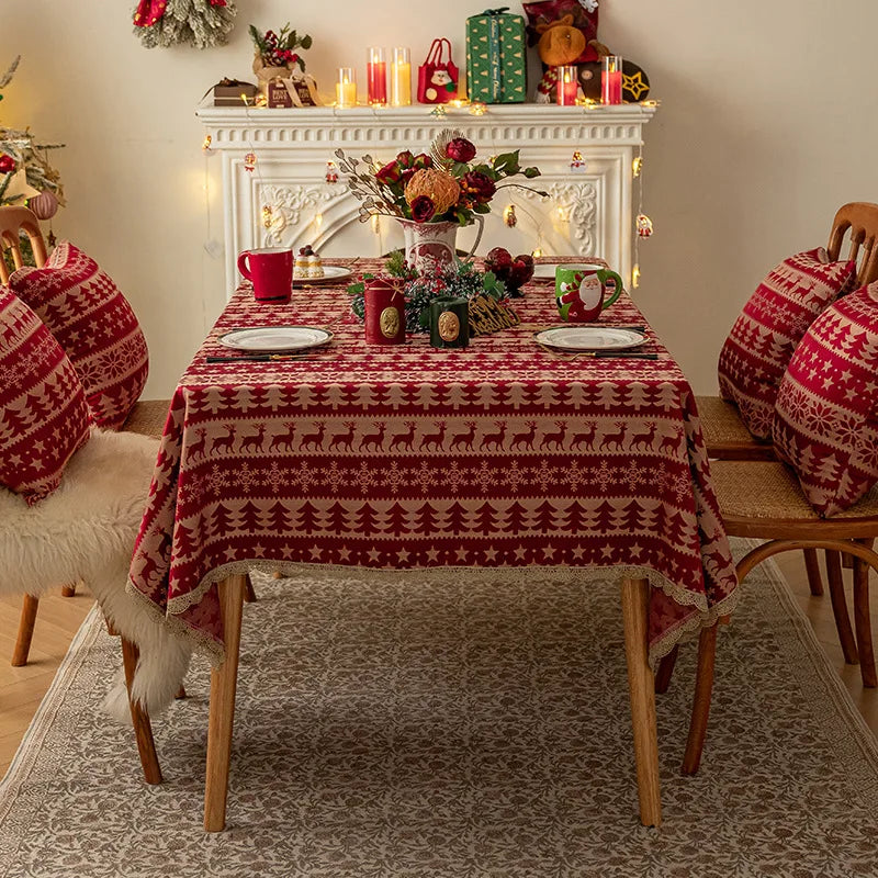 Mantel rojo navideño,  Jacquard, encaje dorado