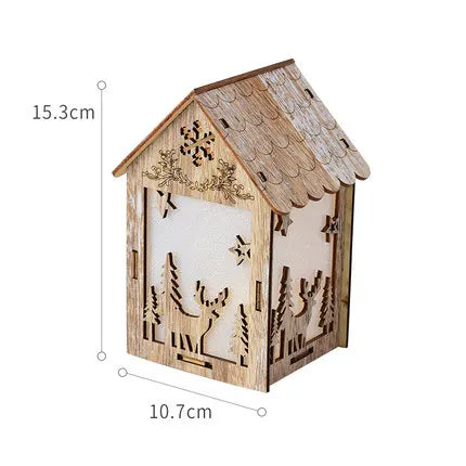 Casa iluminada de madera creativa, decoración de ventana de Navidad