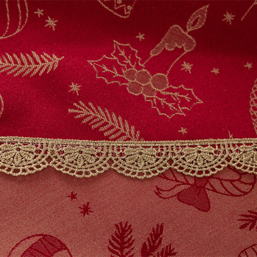 Mantel redondo navideño de Jacquard rojo, mantel impermeable con borde dorado de ciervo, con decoraciones de Navidad y forro de cojines