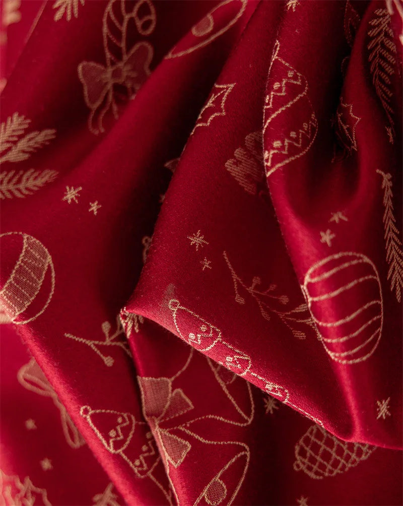 Mantel redondo navideño de Jacquard rojo, mantel impermeable con borde dorado de ciervo, con decoraciones de Navidad y forro de cojines