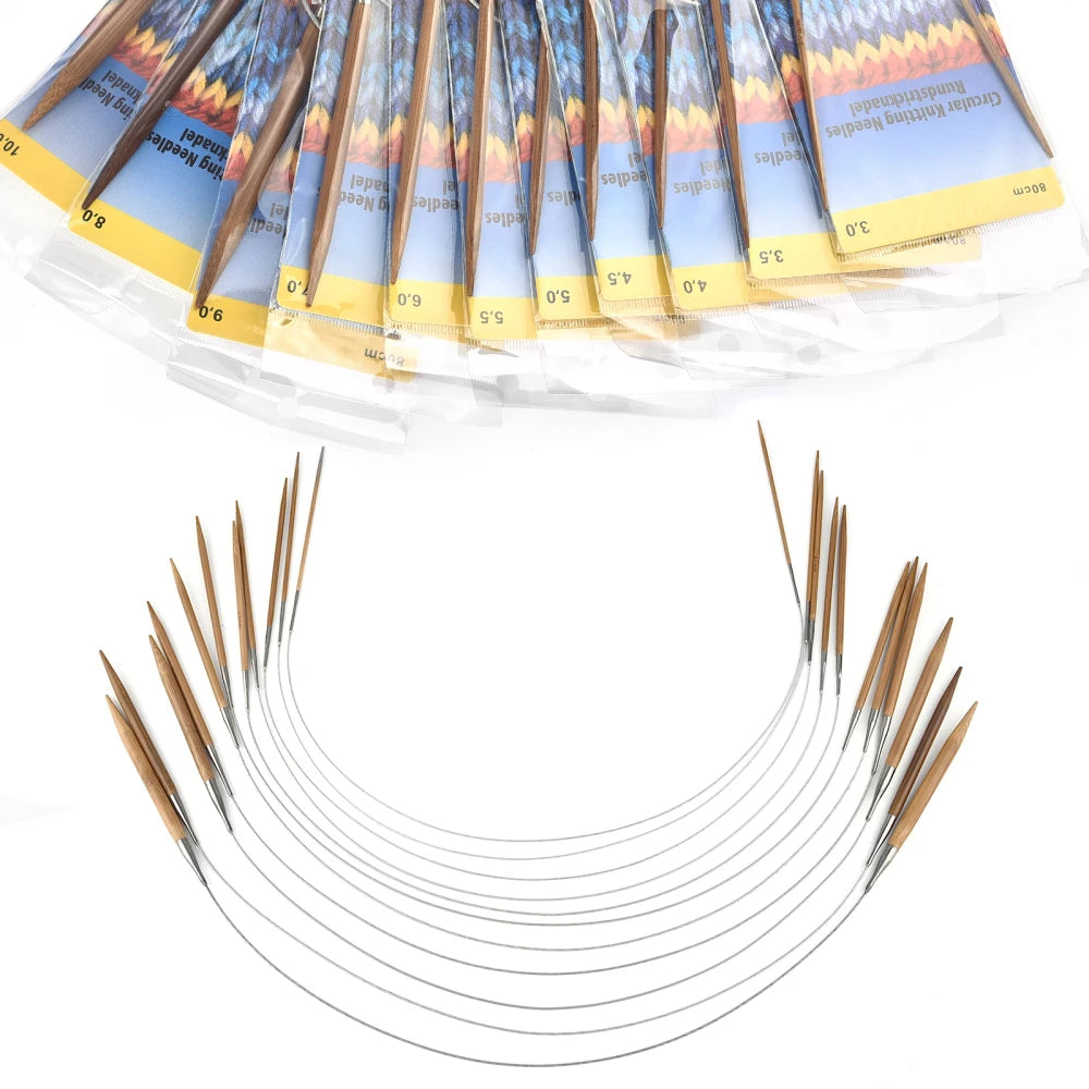 Palillos de tejer de bambú de 3-10mm, agujas circulares con aro de tubo de acero inoxidable para tejer a mano