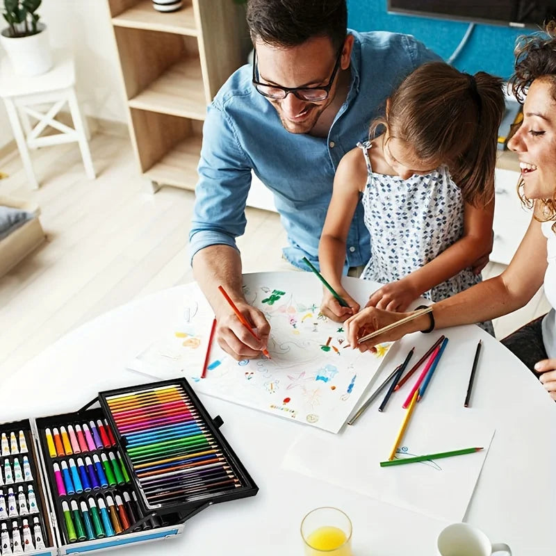 Paquete de 145 piezas, kit de arte para pintar y dibujar, juego de arte de doble capa de lujo, lápices de colores, pasteles al óleo, acuarela