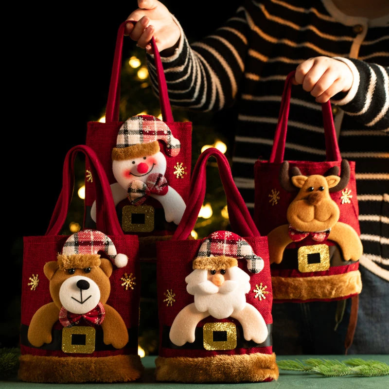 Bolsa de regalo de Navidad, tela de lino, bolso de dulces para niños de Nochebuena