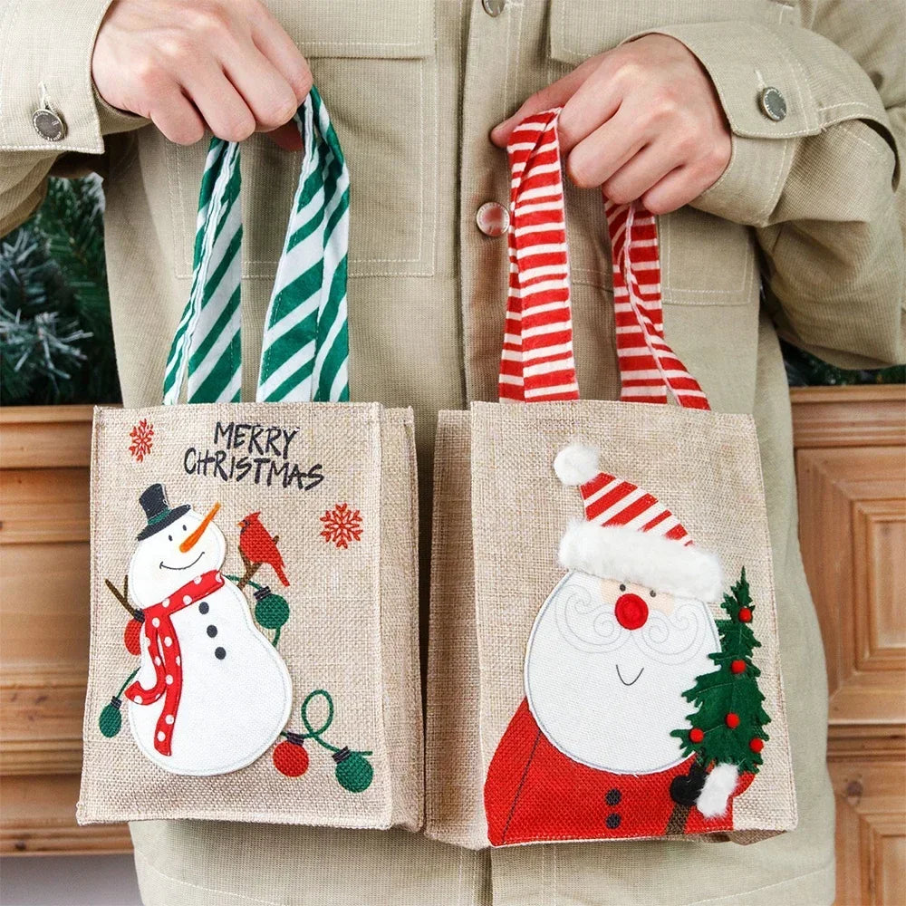 Bolsas de arpillera de Navidad con diseño de Papá Noel y muñeco de nieve, 1-10 Uds.