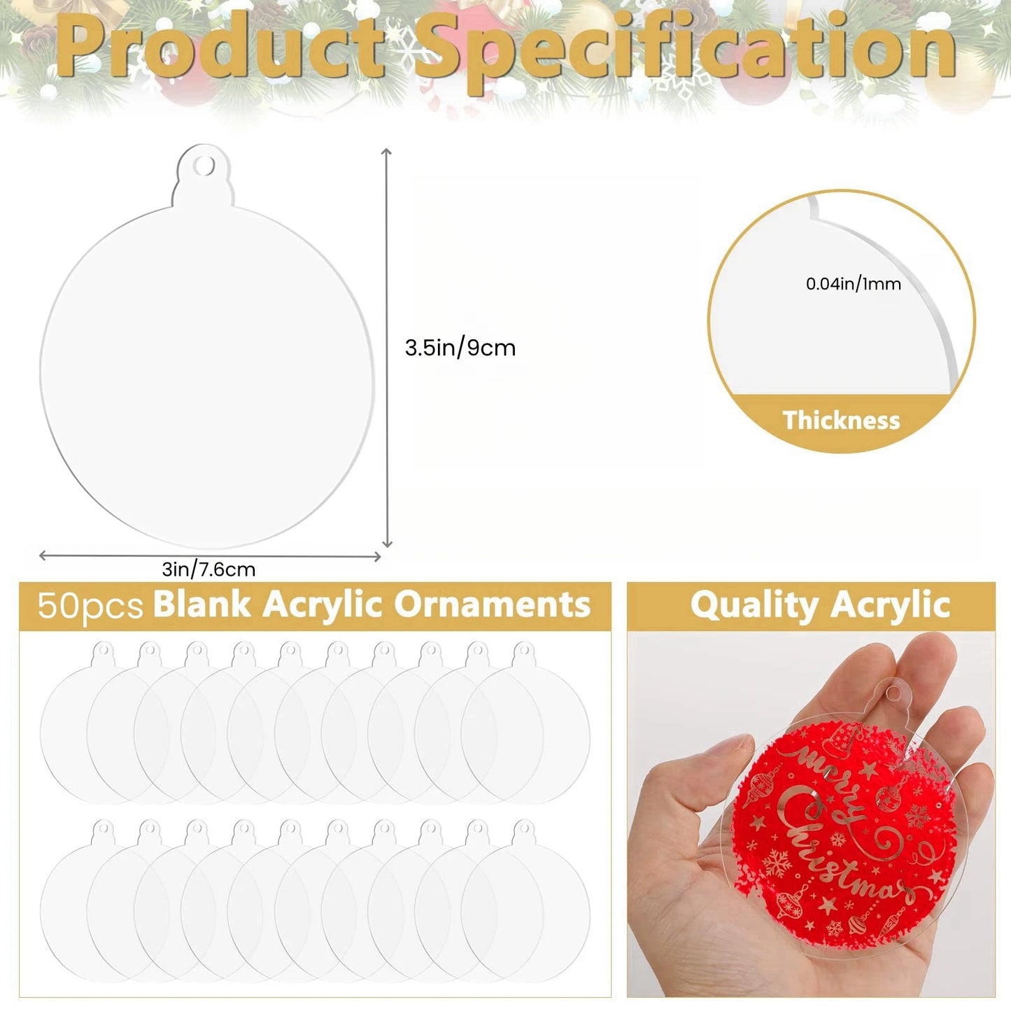 50 Uds. Adornos navideños acrílicos, colgantes en blanco transparente de 3 pulgadas para manualidades