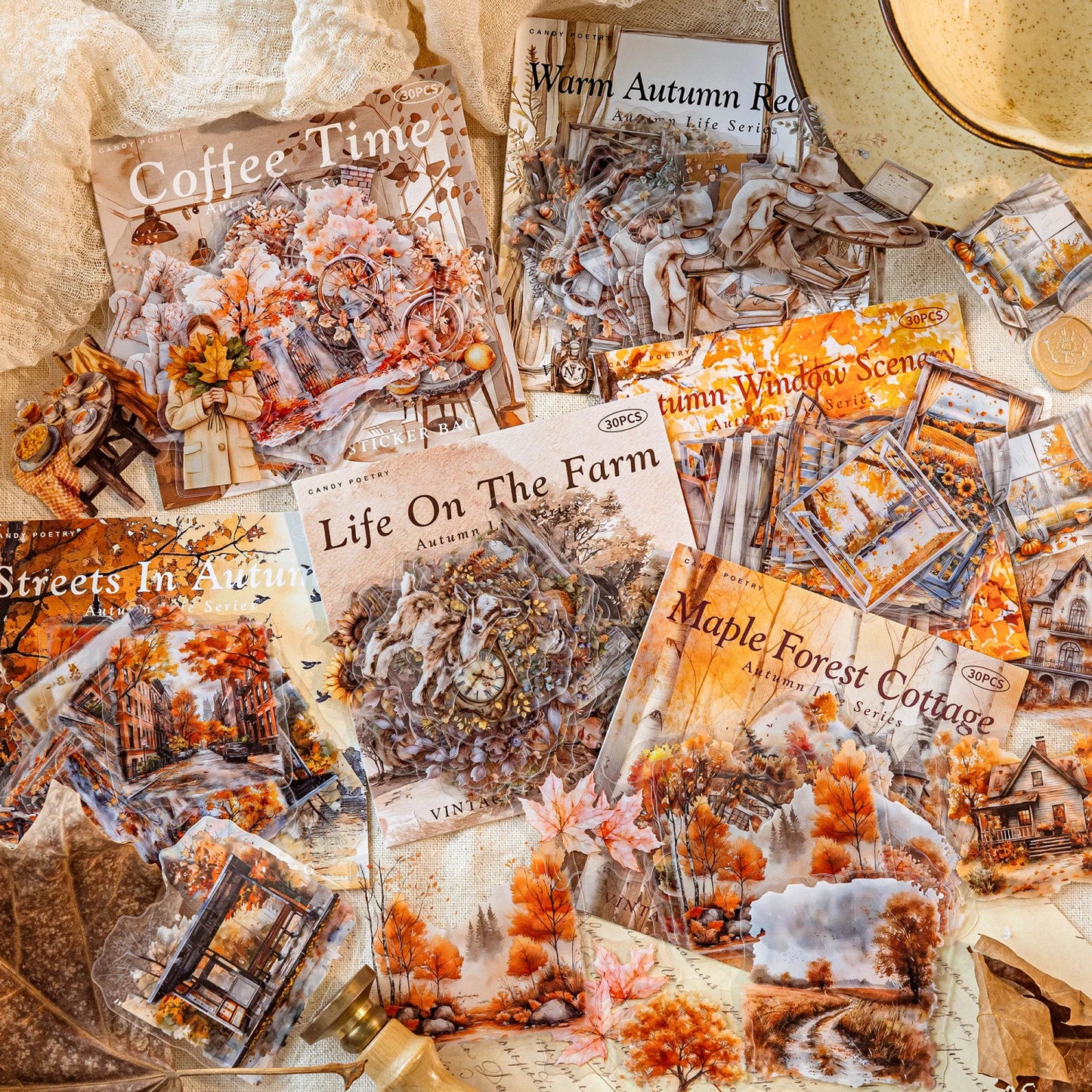 30 hojas de pegatinas de vida otoñal, Material decorativo creativo