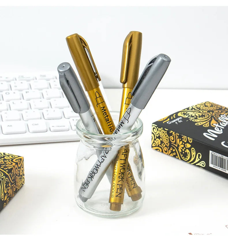 Bolígrafos de pintura acrílica permanente plateada/dorada, para pintura en variadas superficies, de punta suave/dura de 1-5MM