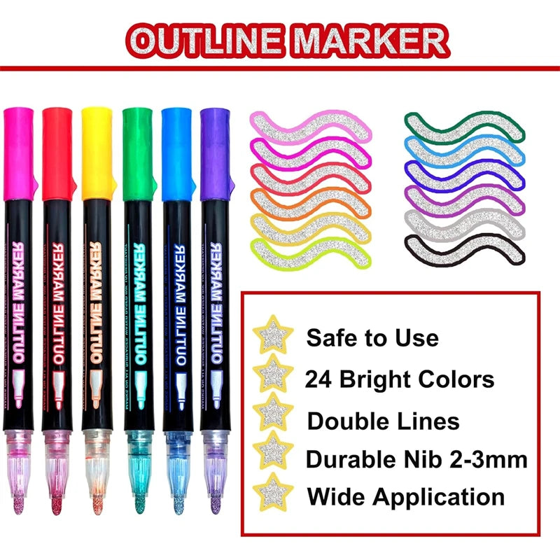 Rotuladores brillantes, bolígrafos de contorno para dibujar y escribir con purpurina 12/24