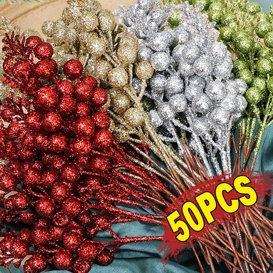 Brillo Artificial de Navidad, ramas de bayas rojas, polvo dorado, bayas de acebo, flores falsas, adornos de árbol de Navidad