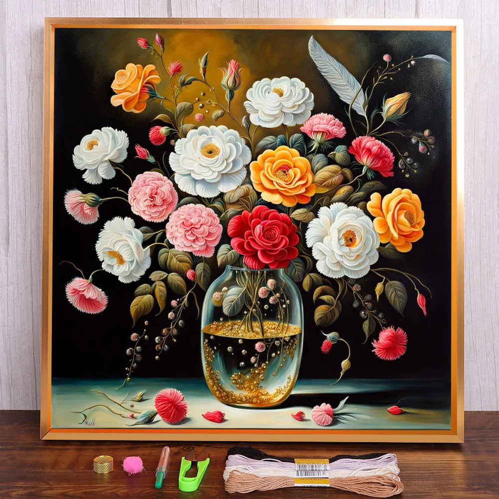 Juego de punto de cruz preimpreso con flores y rosas