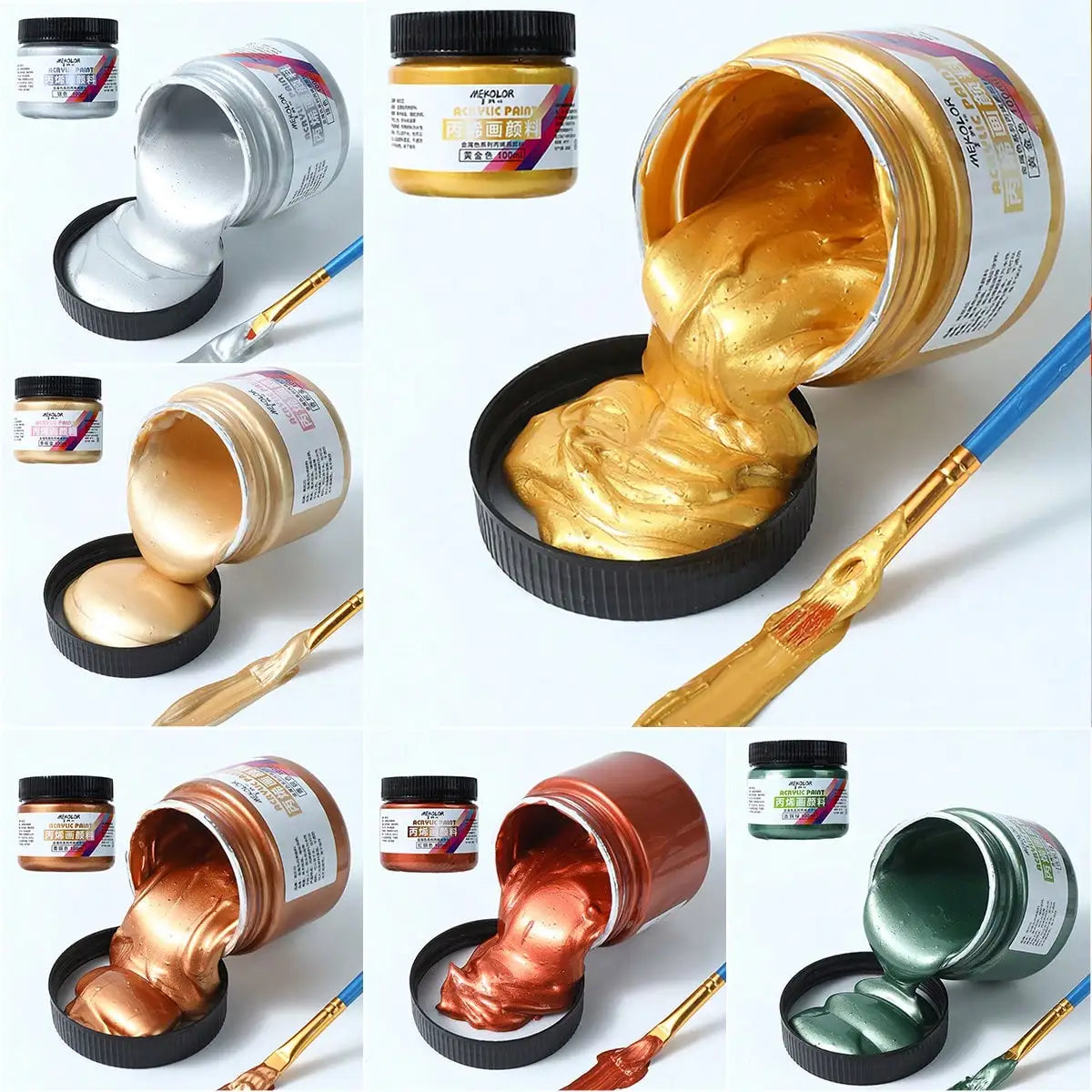 1 unidad de pintura acrílica de 100ml, en colores metalizados (oro, plata, cobre)