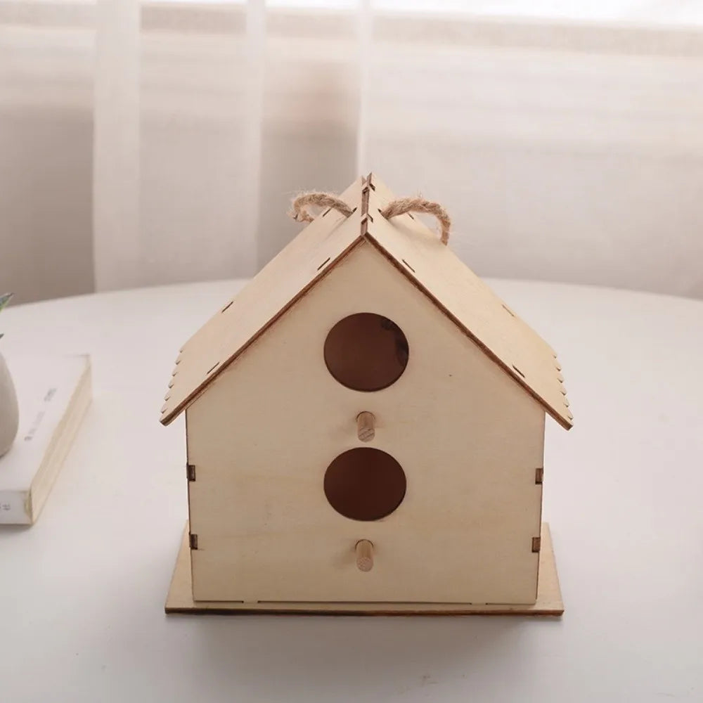 Casa para pájaros de madera con cuerda de cáñamo para colgar, pintar