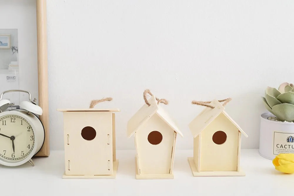 Casa para pájaros de madera con cuerda de cáñamo para colgar, pintar