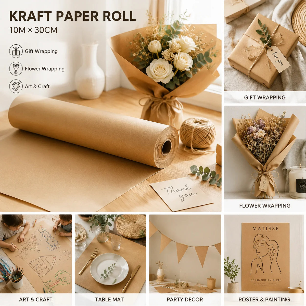 Rollo de papel kraft marrón para embalaje , dibujo y manualidades