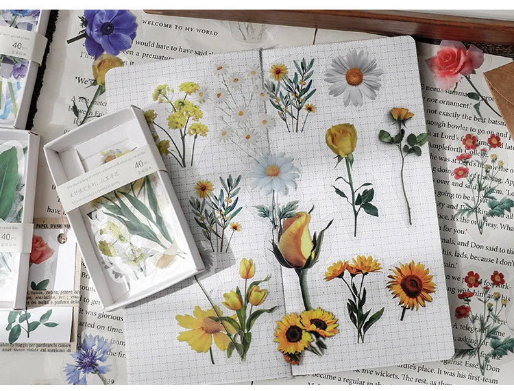 40 hojas de stickers vintage de plantas y flores