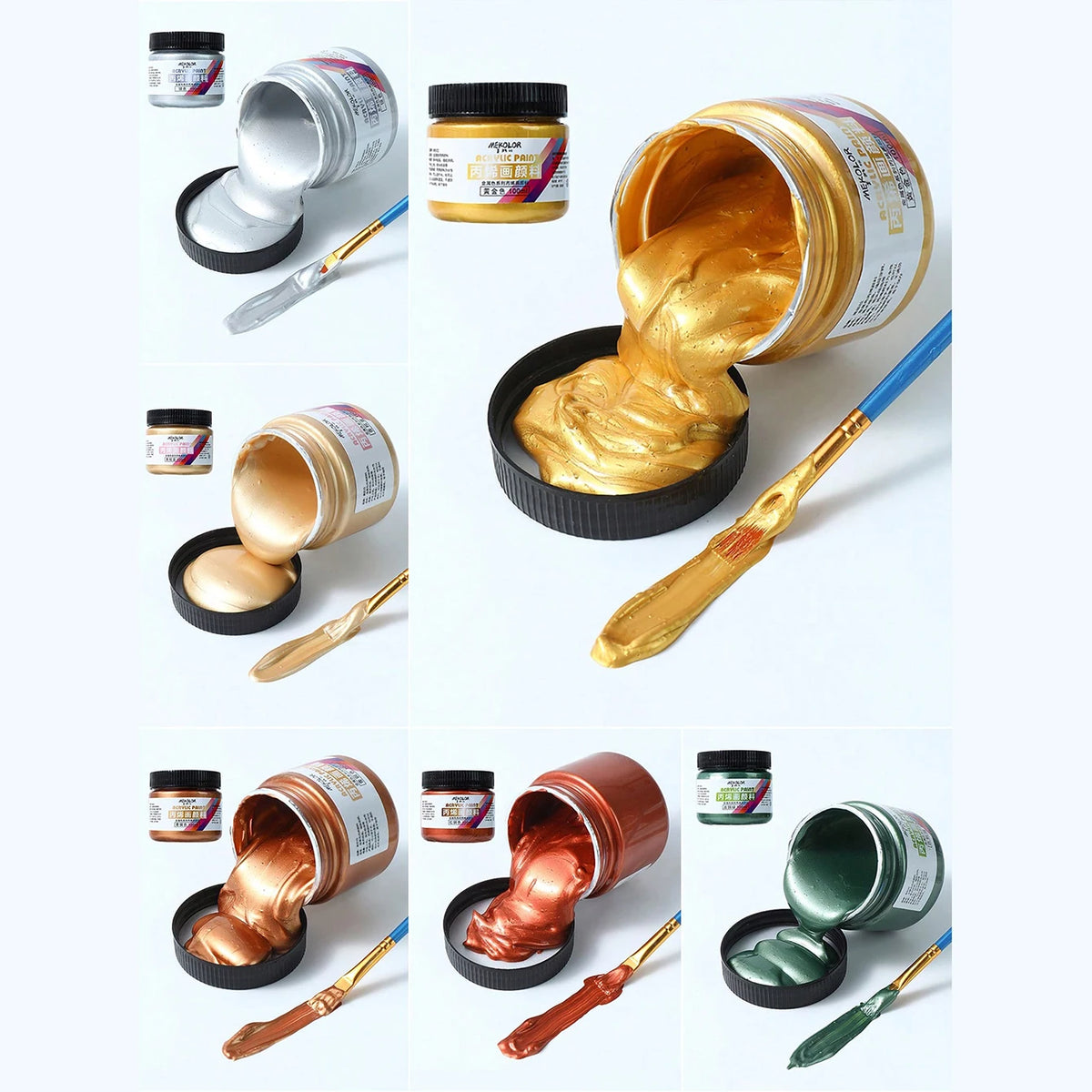 1 unidad de pintura acrílica de 100ml, en colores metalizados (oro, plata, cobre)