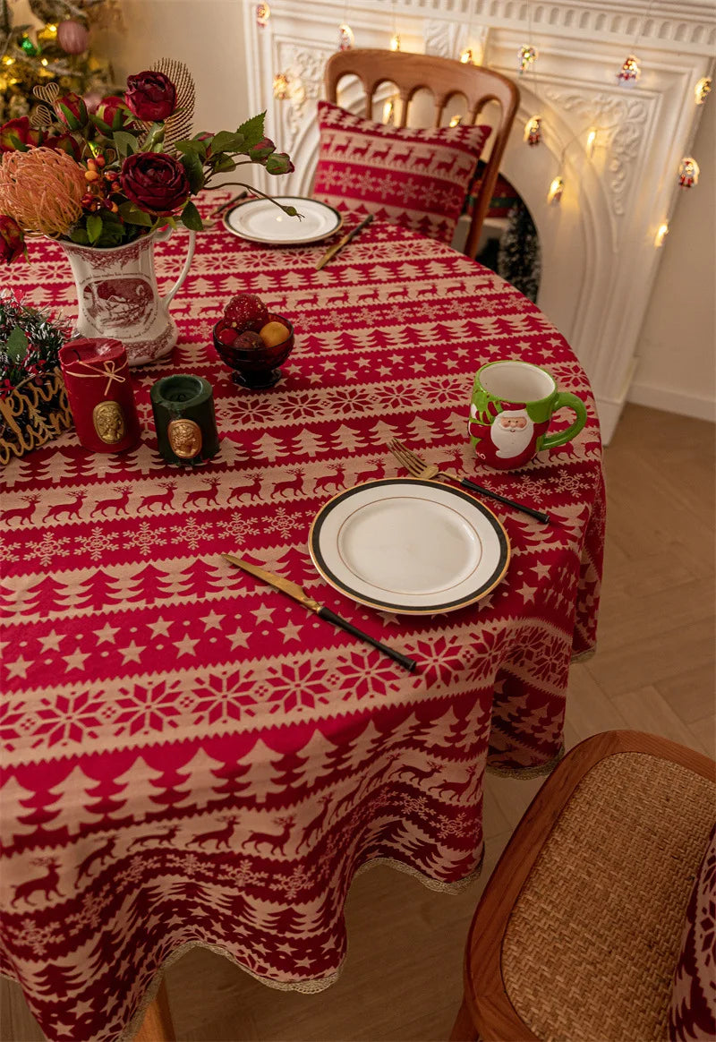 Mantel redondo navideño de Jacquard rojo, mantel impermeable con borde dorado de ciervo, con decoraciones de Navidad y forro de cojines