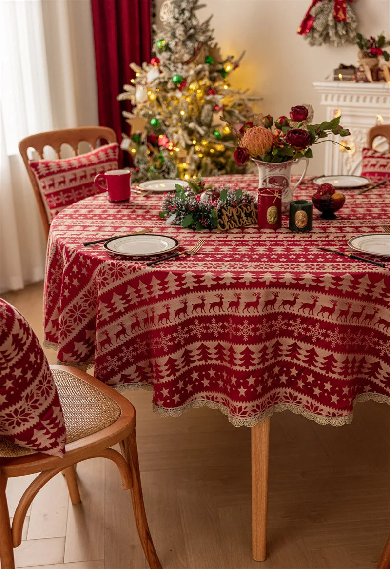 Mantel redondo navideño de Jacquard rojo, mantel impermeable con borde dorado de ciervo, con decoraciones de Navidad y forro de cojines