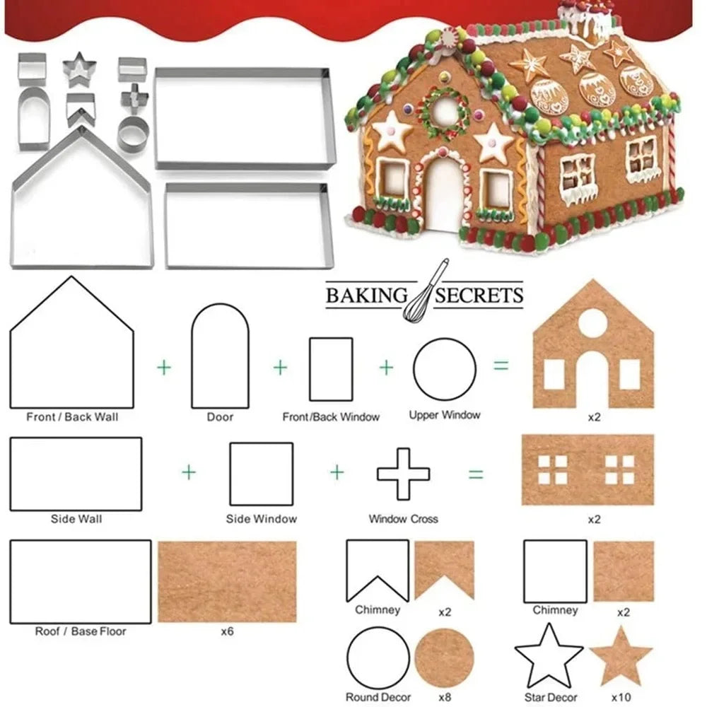 Juego de cortadores de galletas para casa de jengibre, 18 Uds., acero inoxidable, 3D, accesorios para hornear