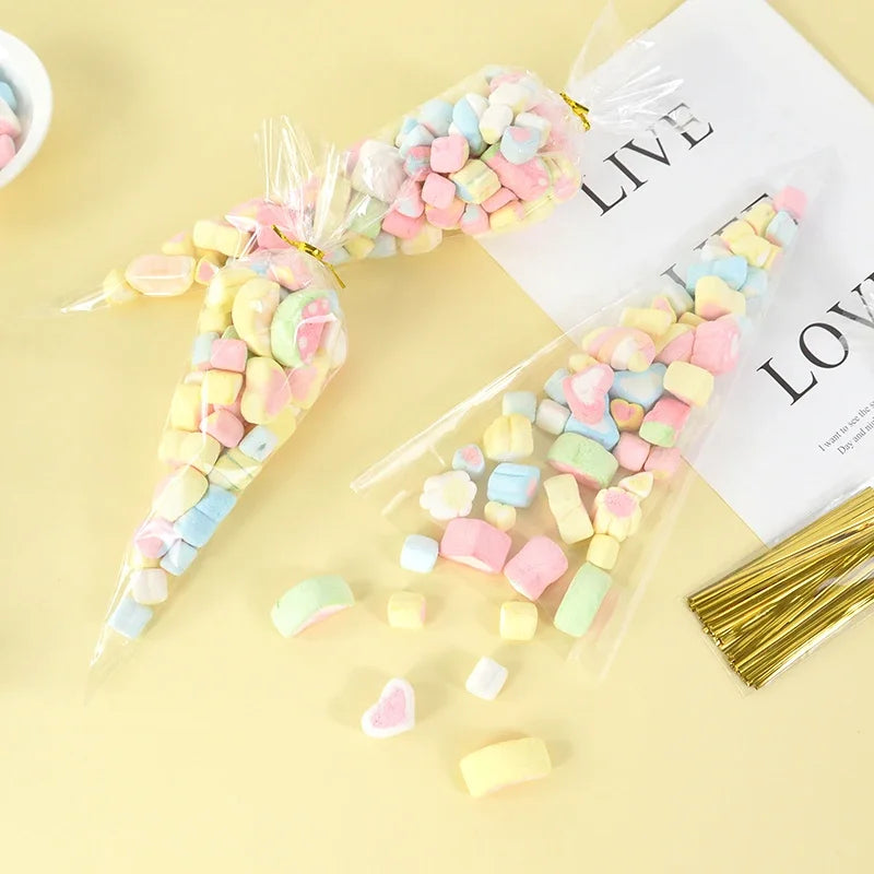 50 Uds. Bolsas de almacenamiento de dulces de cono transparente