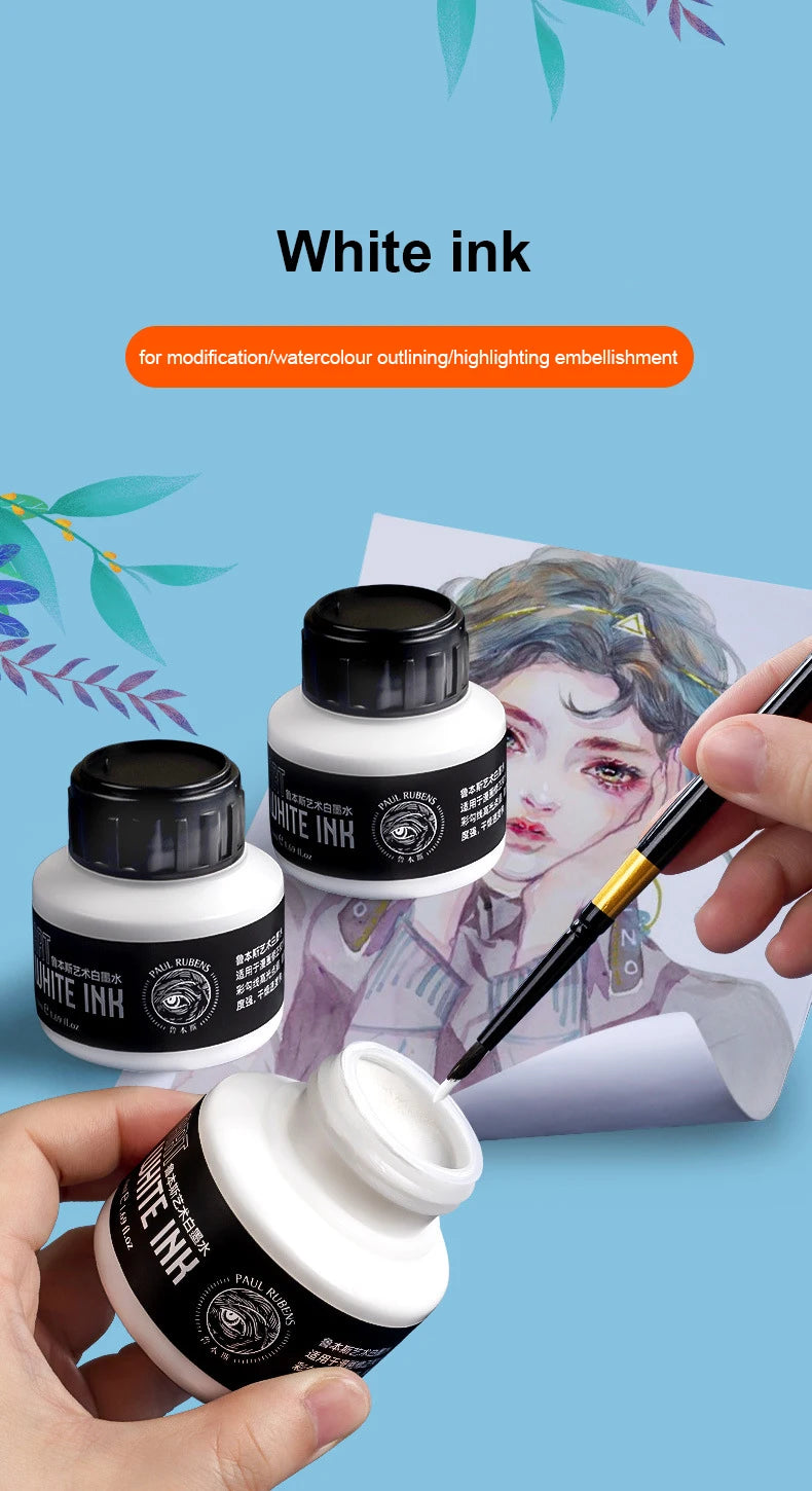 Tinta Blanca para Dibujo Paul Rubens Cartoonist de 50 ml para Pintura Artística con Pincel o Plumilla, Tinta Blanca Altamente Opaca para Resaltos y Correcciones