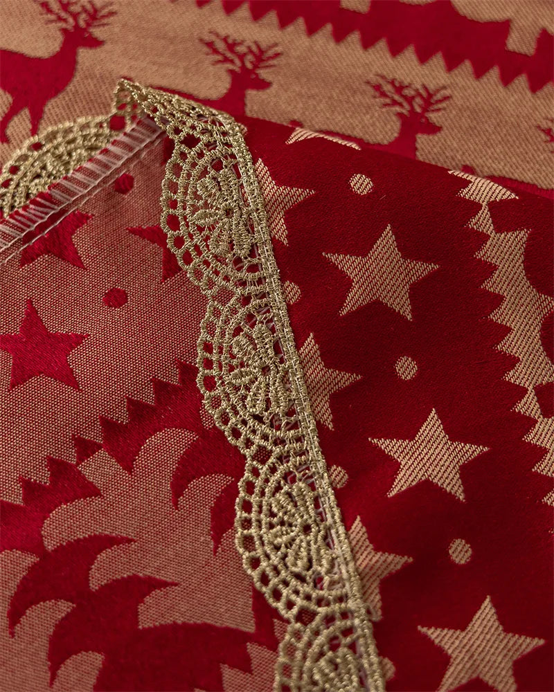 Mantel rojo navideño,  Jacquard, encaje dorado