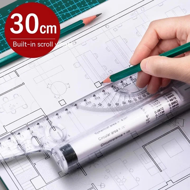 Regla de rodillo paralela transparente, multifunción de 30cm, regla de equilibrio angular, regla arquitectónica